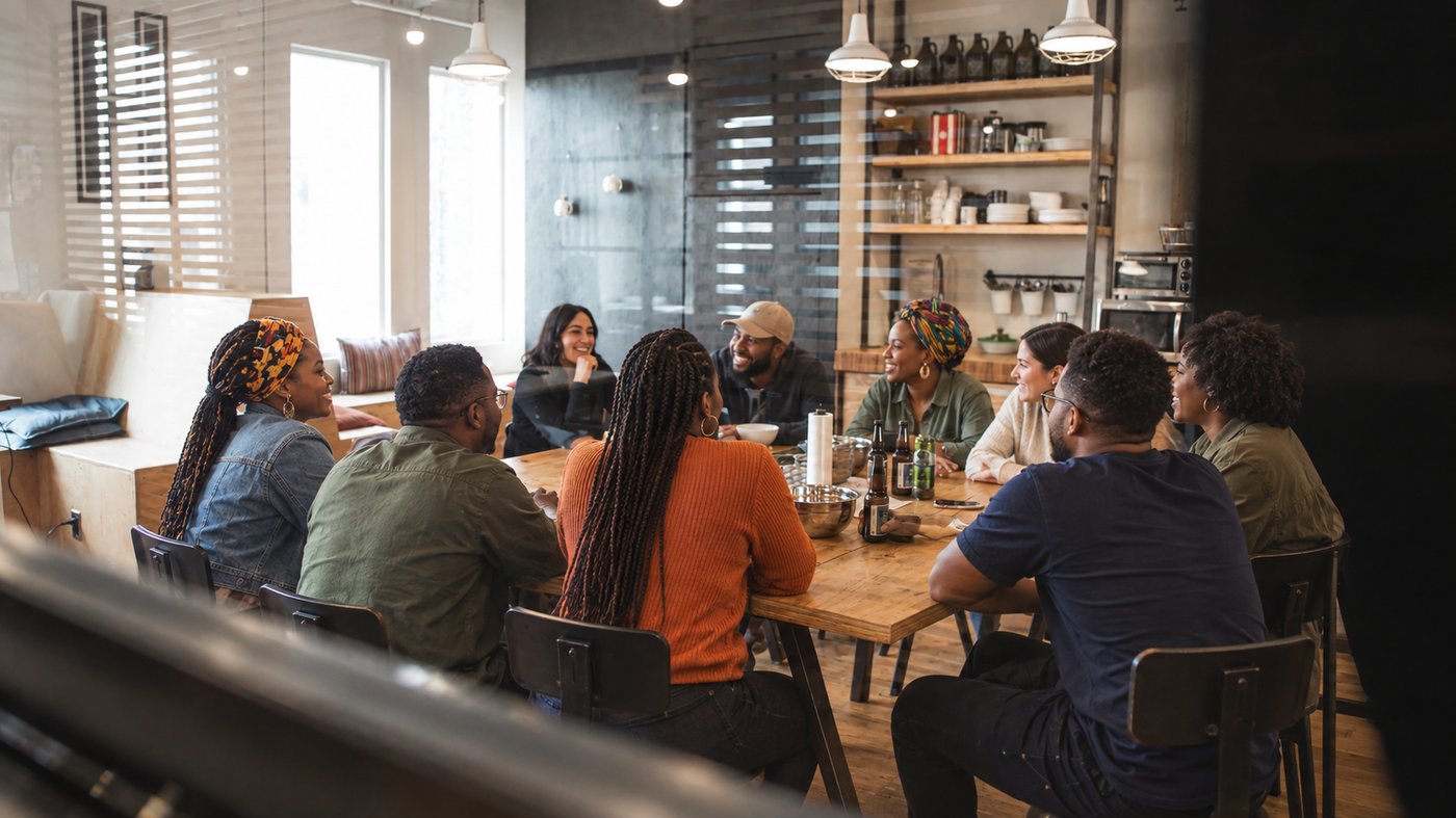 Diverse team collaborating around a table